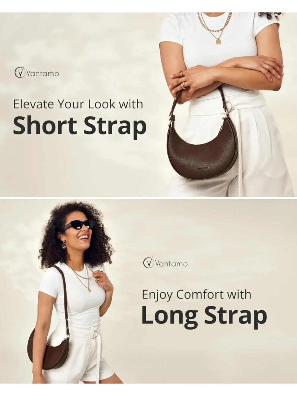 Vantamo Women's Bag Brown Half Moon Clutch with Anti-Theft Clip for Extra Safety